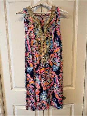 Lilly Pulitzer Navy Multicolor Floral Midi Dress with Gold Embellished Neckline